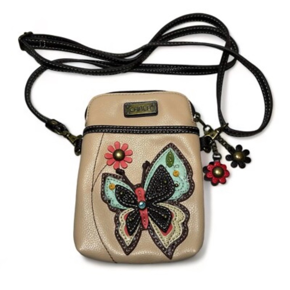 Chala Beige Butterfly Crossbody Bag with Flower Charms